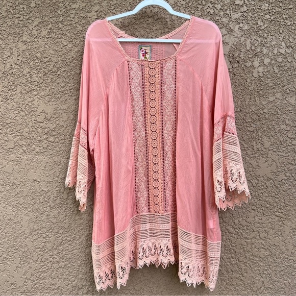 RARE Johnny Was Pink Bell Sleeve Tunic w Asymmetrical Ruffles Size 1XBlouse Top